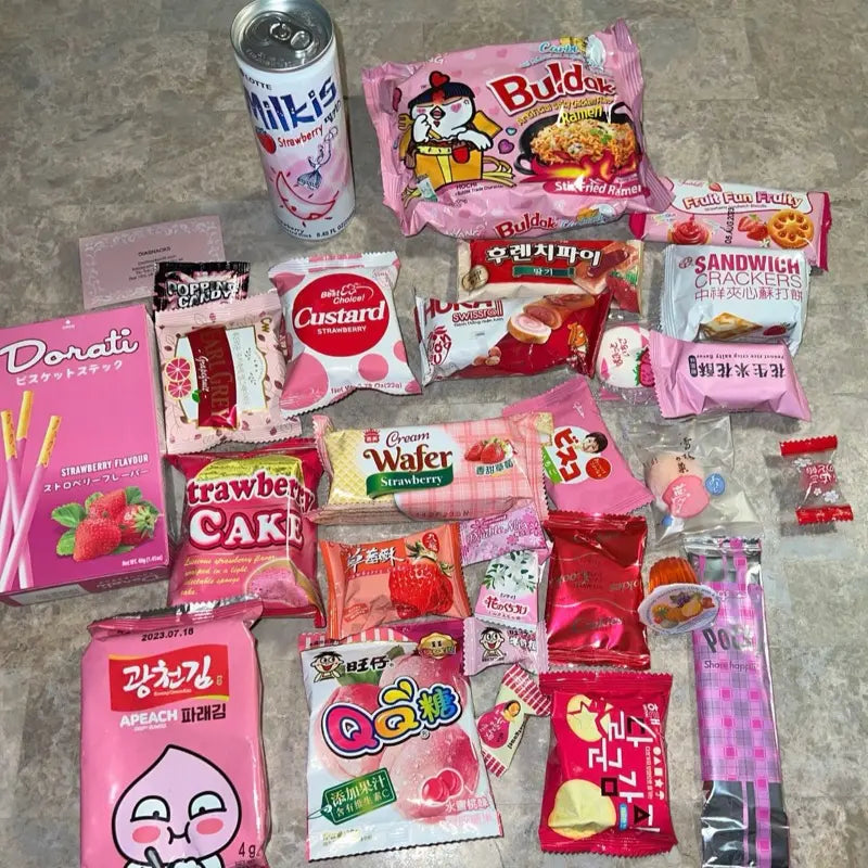 Deluxe Pink Theme Asian Snack Box Includes 2 Drinks 2 Ramen Sweet Asian Snacks Box Gift Large Size 45-50 Pcs Variety of Treats