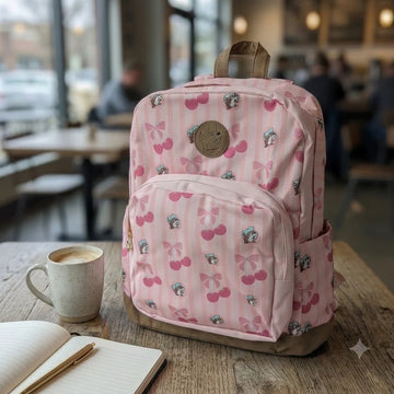 Buc-ee’s Cherry Backpack, Pink Canvas Backpack with Cherry & Beaver Design, 16-Inch School, Travel & Everyday Bag