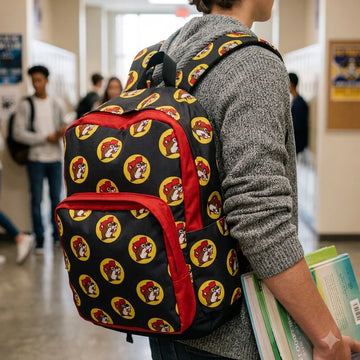 Buc-ee’s Black Logo Backpack, 16-Inch Canvas Backpack with Red Trim, School, Travel, Work & Everyday Bag