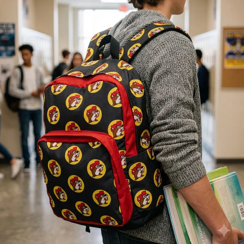 Buc-ee’s Black Logo Backpack, 16-Inch Canvas Backpack with Red Trim, School, Travel, Work & Everyday Bag