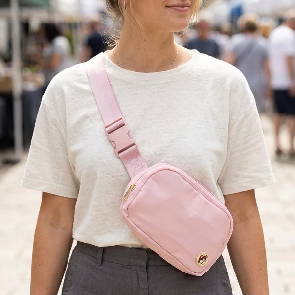 Buc-ee’s Pink Crossbody Belt Bag, Adjustable Fanny Pack & Waist Bag with Zipper Pockets, Small Travel & Everyday Bag