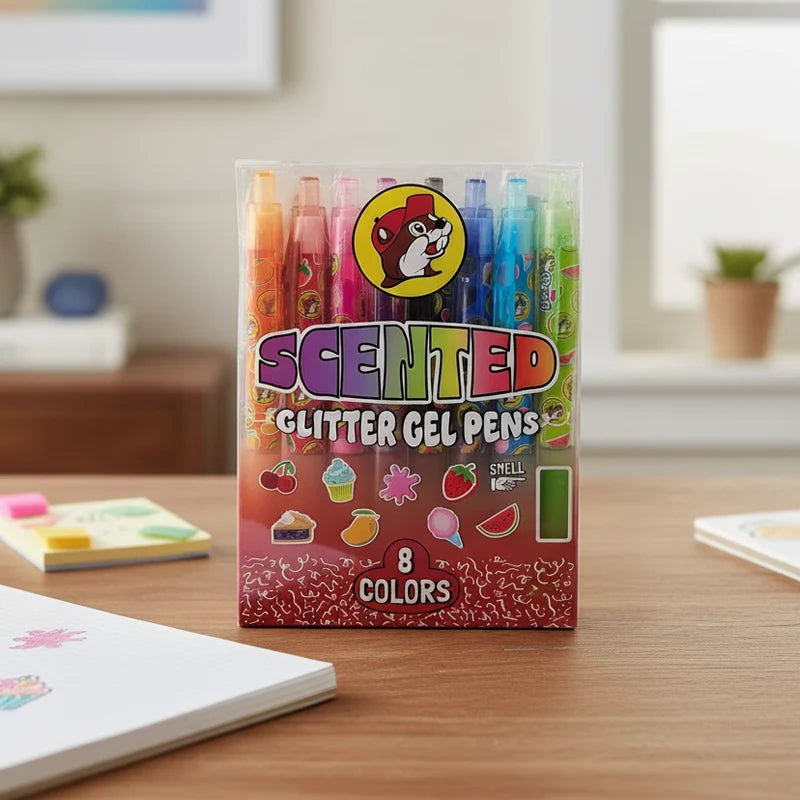 Buc-ee’s Scented Glitter Gel Pens, 8-Pack Colorful Sparkle Writing Pens for Journaling, School, Drawing & Crafts