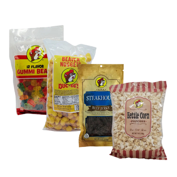 Buc-ee's Pack of 4 Snack Bundle with Beaver Nuggets Steakhouse Beef Jerky 12 Flavor Gummi Bears & Kettle Corn Popcorn